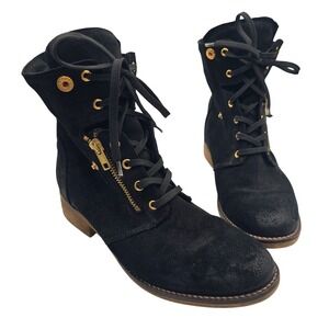 Mark Jenkins Black Suede Fold Over Knit Cuff Combat Boots Gold Hardware Womens 9